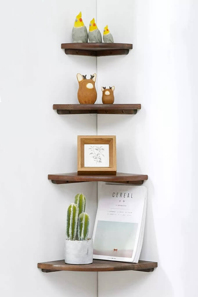 Solid Oak Wood Wall-Mounted Floating Corner Shelf - Walnut