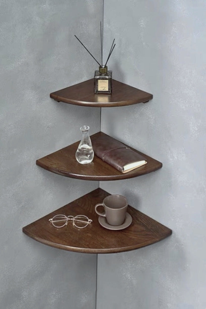 Solid Timber Wood Wall-Mounted Floating Wooden Corner Shelf - Walnut Brown